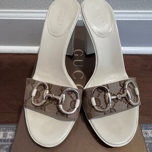 Gucci Brown Canvas Horsebit Mules with White Leather Footbed